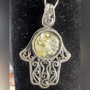 Vintage Ancient Roman Glass Hamsa Pendant 925 B7